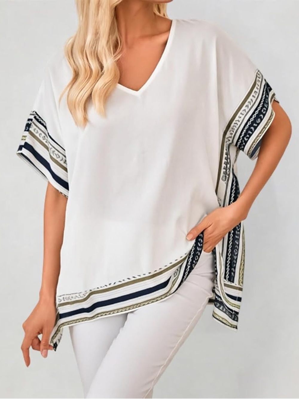 Women’s White V-Neck Border-Trim Tunic Top